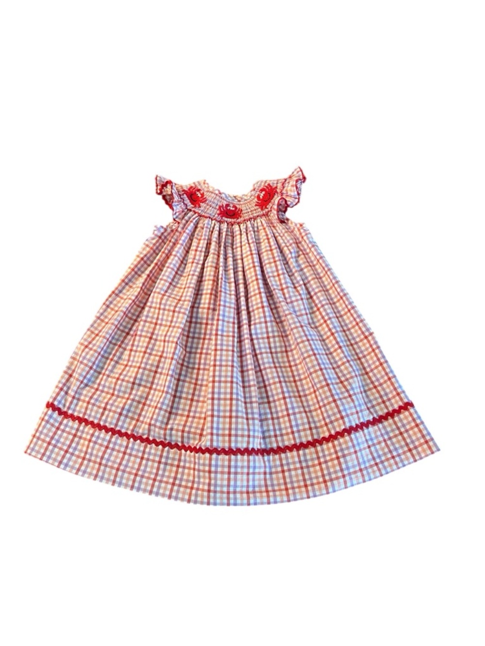 Classic Whimsy Red &Purple Plaid Smocked Sundress With Crab Embroidery